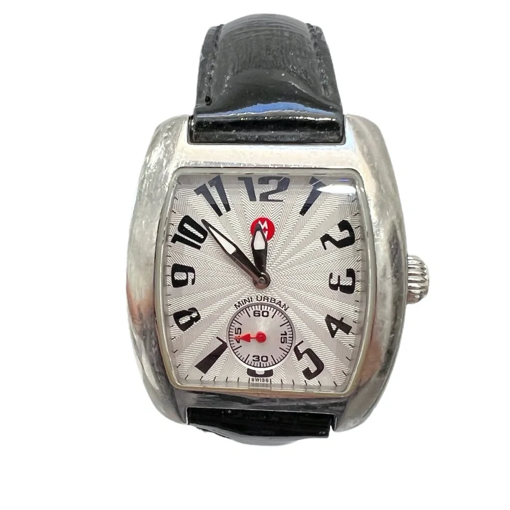 MICHELE MINI URBAN STAINLESS STEEL WATCH WITH BLACK PATENT LEATHER STRAP